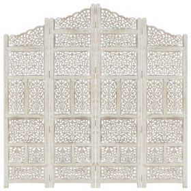 Hand carved 4-Panel Room Divider White 63"x65" Solid Mango Wood