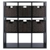 Timothy 7-Pc 3x3 Storage Shelf with 6 Foldable Woven Baskets; Black and Chocolate