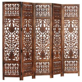 Hand carved 5-Panel Room Divider Brown 78.7"x65" Solid Mango Wood (Color: Grey)